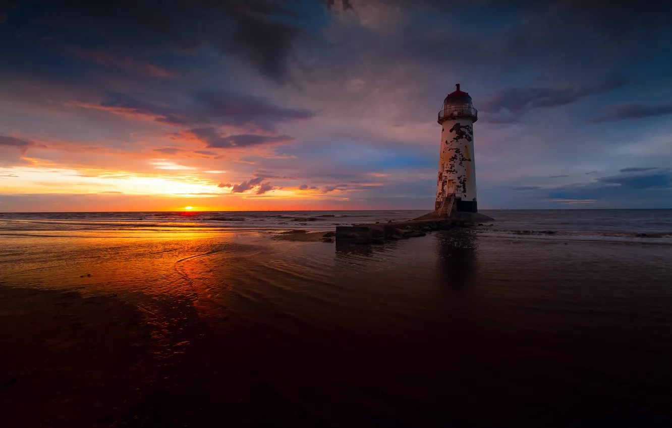 Photo wallpaper sea, the sky, the sun, clouds, light, sunset, lighthouse, the evening