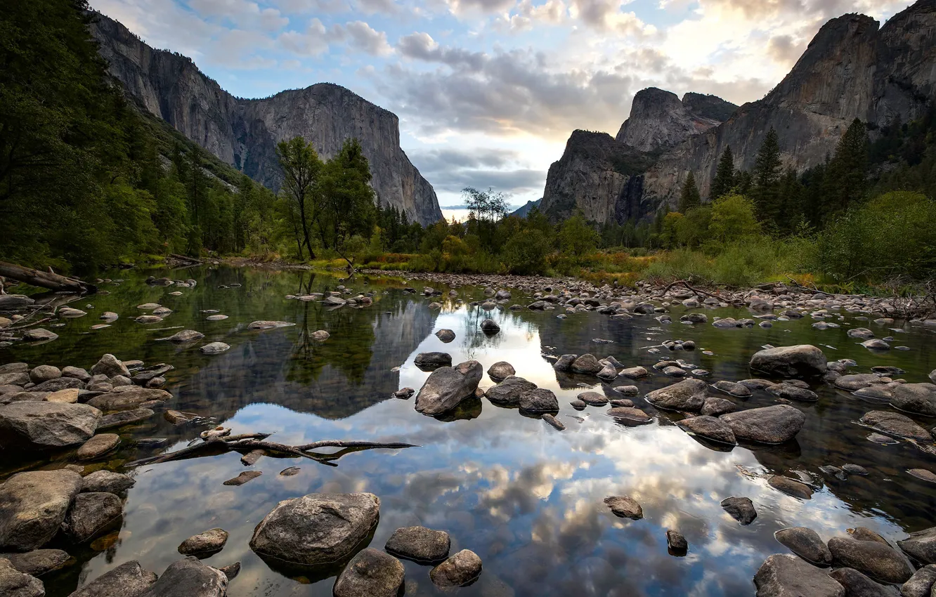 Photo wallpaper the sky, water, clouds, trees, mountains, stones, rocks, Yosemite
