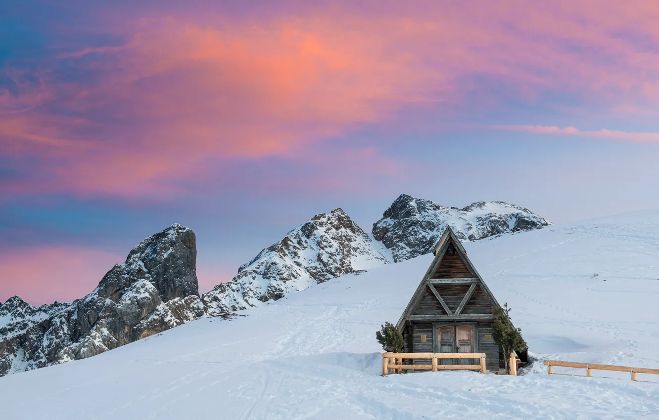 Photo wallpaper winter, the sky, clouds, snow, sunset, mountains, traces, comfort