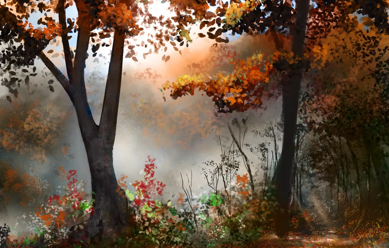 Photo wallpaper autumn, forest, trees, art, painted landscape