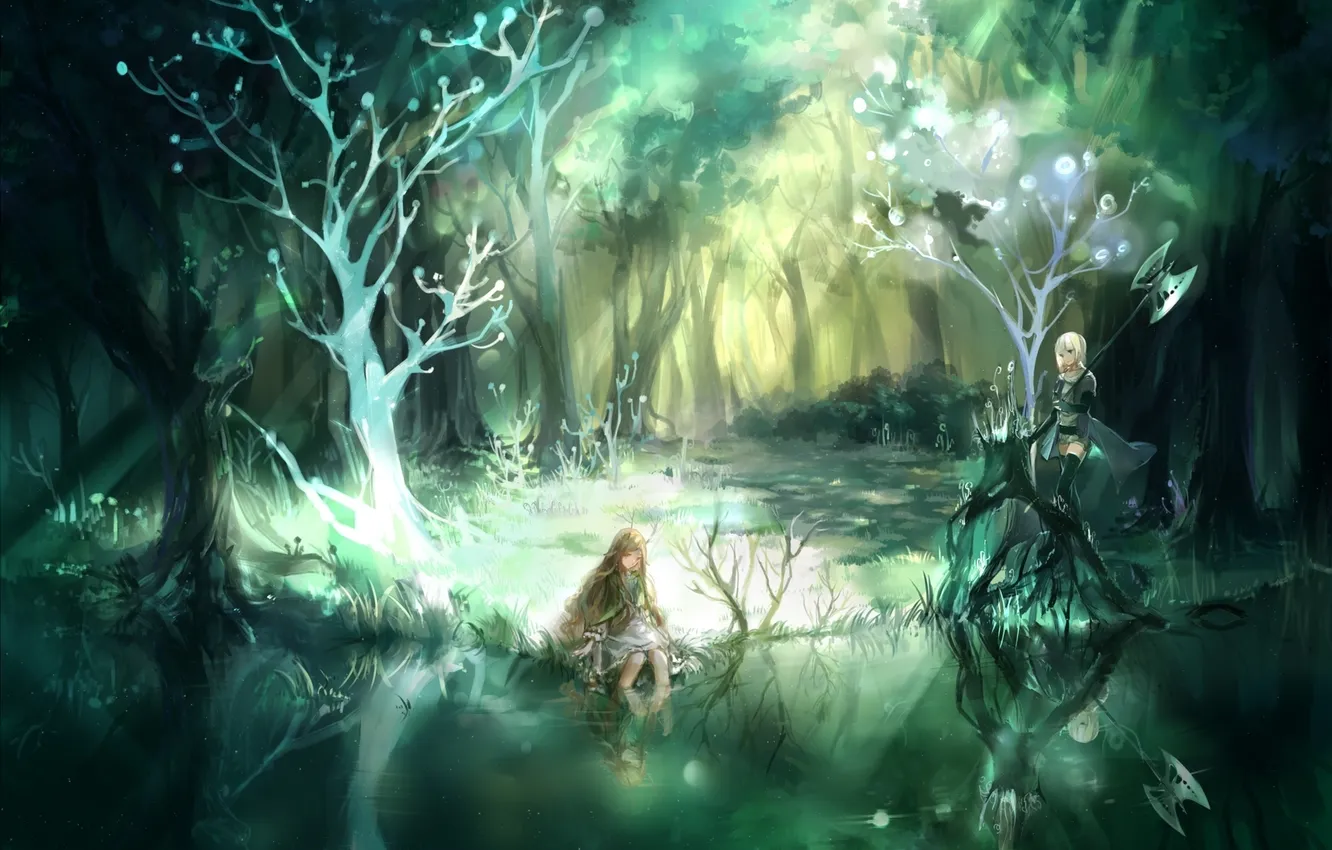 Photo wallpaper forest, water, girl, trees, weapons