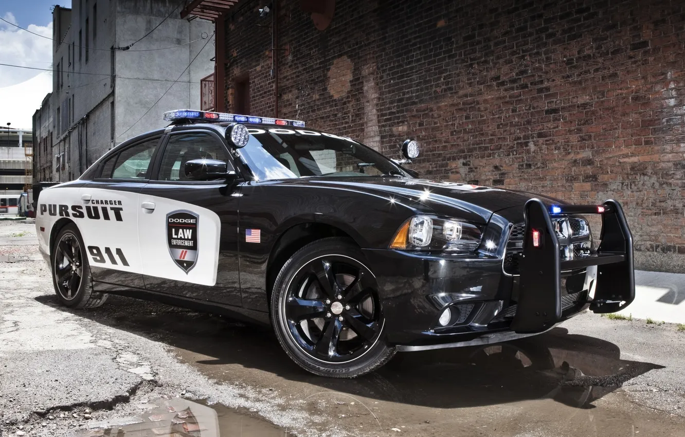 Photo wallpaper wall, police, brick, puddle, Dodge, sedan, Dodge, Charger