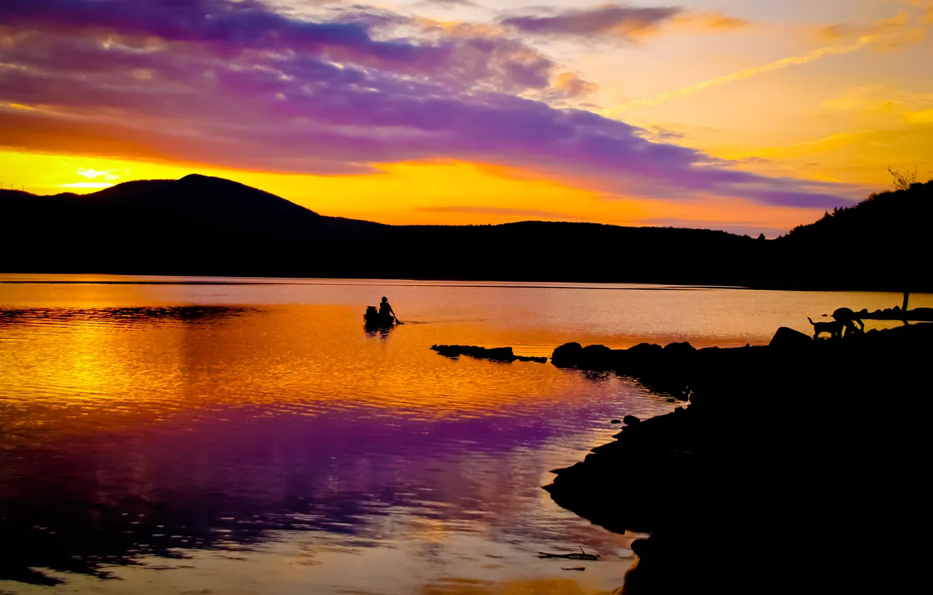 Photo wallpaper sunset, lake, people, shore