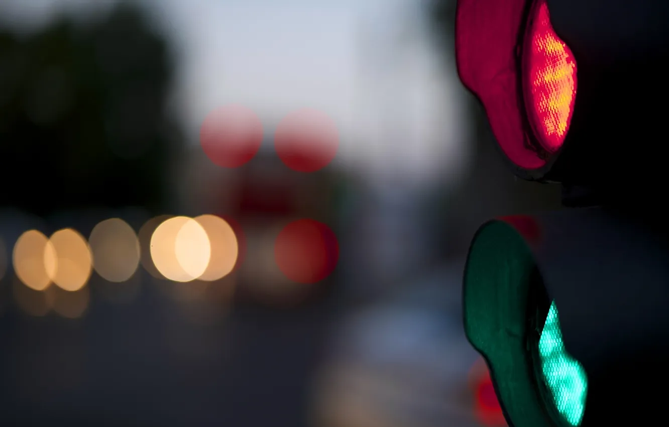 Photo wallpaper yellow, red, the city, lights, green, street, traffic light, bokeh