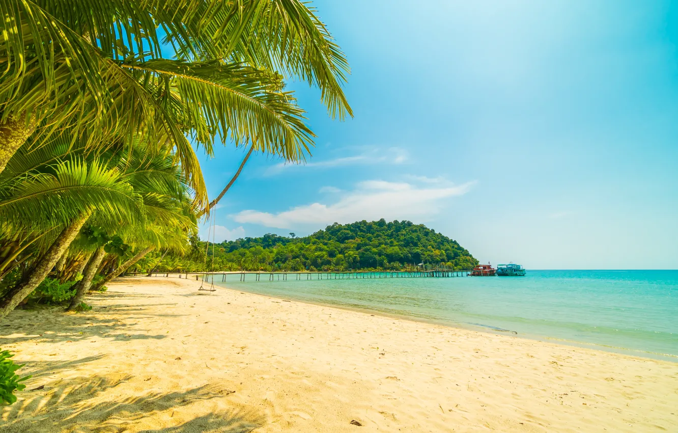 Photo wallpaper sand, sea, wave, beach, summer, the sky, palm trees, shore