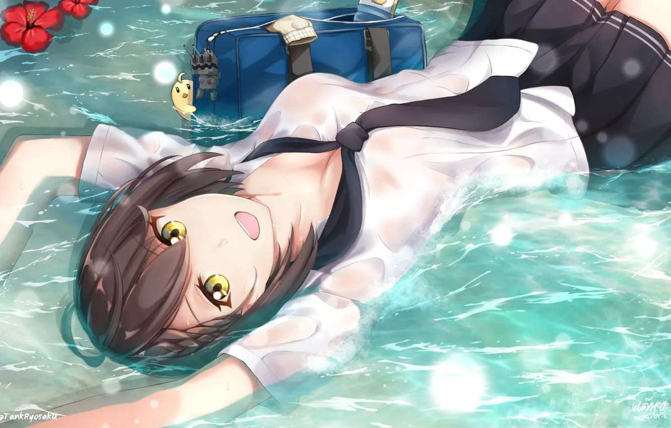 Photo wallpaper lights, tie, schoolgirl, portfolio, keychain, wet blouse, in the water, lying on her back
