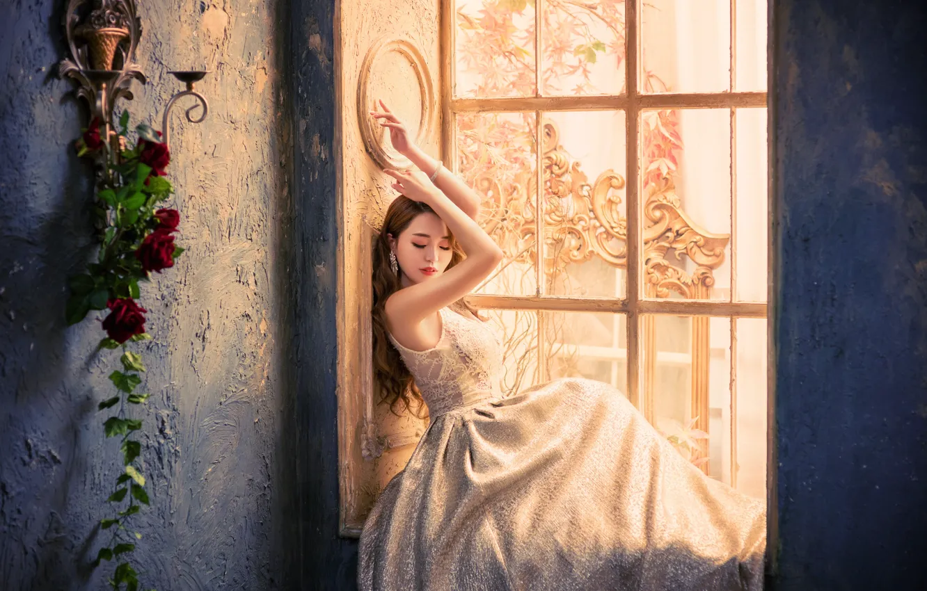 Photo wallpaper girl, flowers, pose, wall, dress, window, outfit, Asian