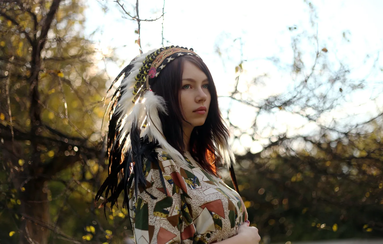 Photo wallpaper autumn, girl, light, hat, feathers, the Indians, headdress, the leader