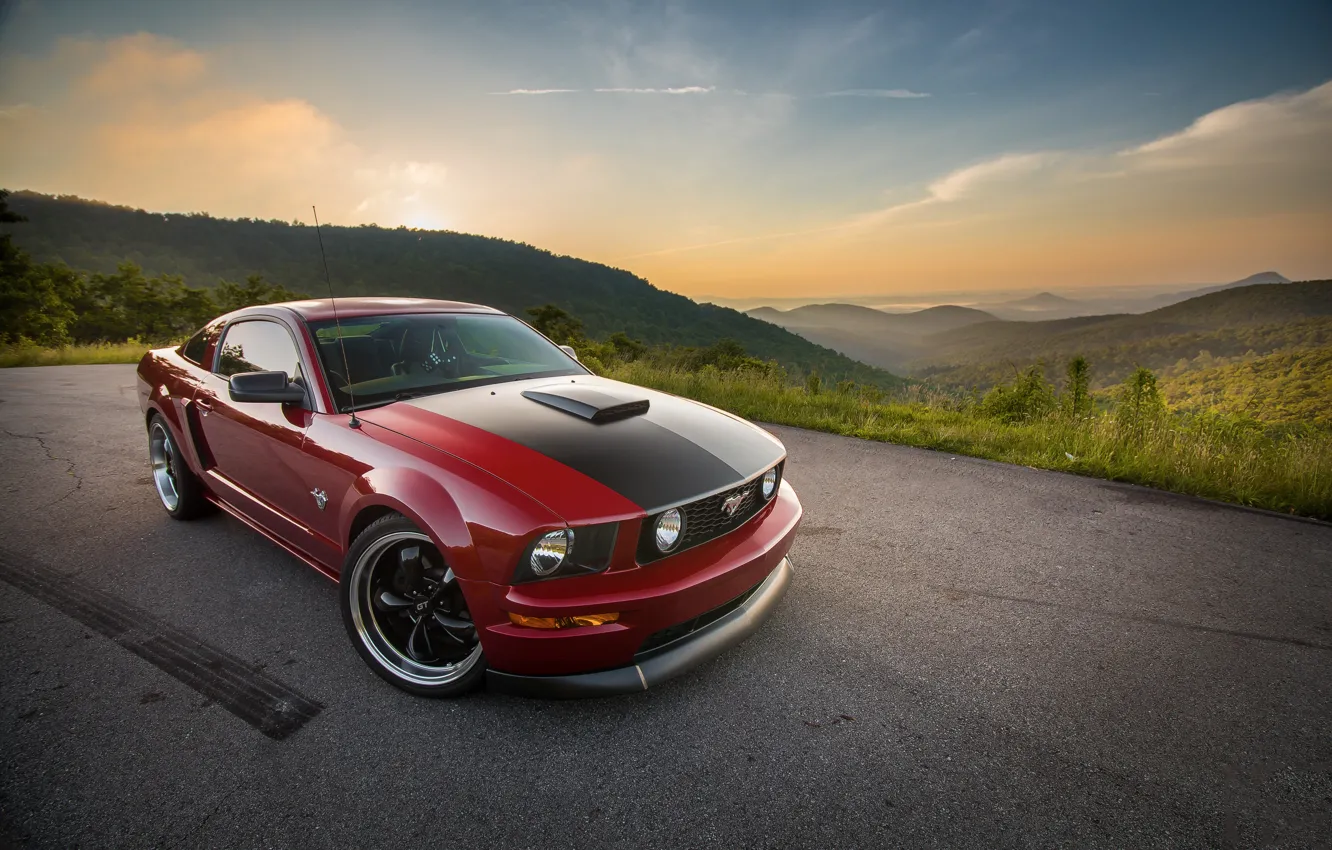 Photo wallpaper Mustang, Ford, 2009, 2005, Hills, GT, Distance