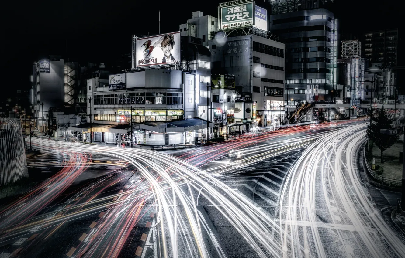 Photo wallpaper Japan, Tokyo, night city, Japanese urban landscape
