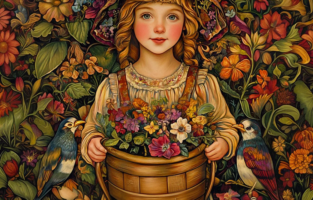 Photo wallpaper summer, flowers, retro, styling, hat, garden, dress, girl