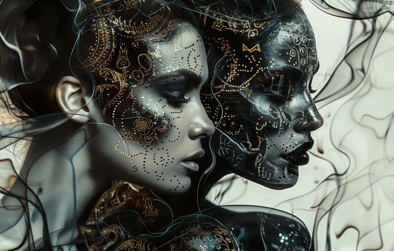 Photo wallpaper girl, line, face, style, pattern, makeup, tattoo, gold plated