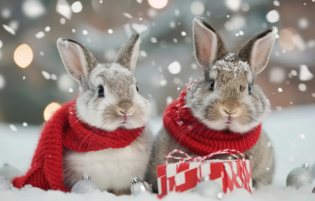 Photo wallpaper winter, snow, red, nature, grey, box, gift, new year