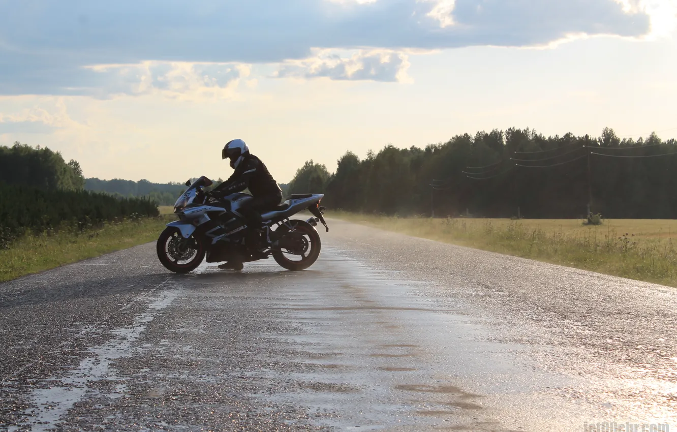 Photo wallpaper road, landscape, motorcycles, helmet, sport, drift, Honda, honda