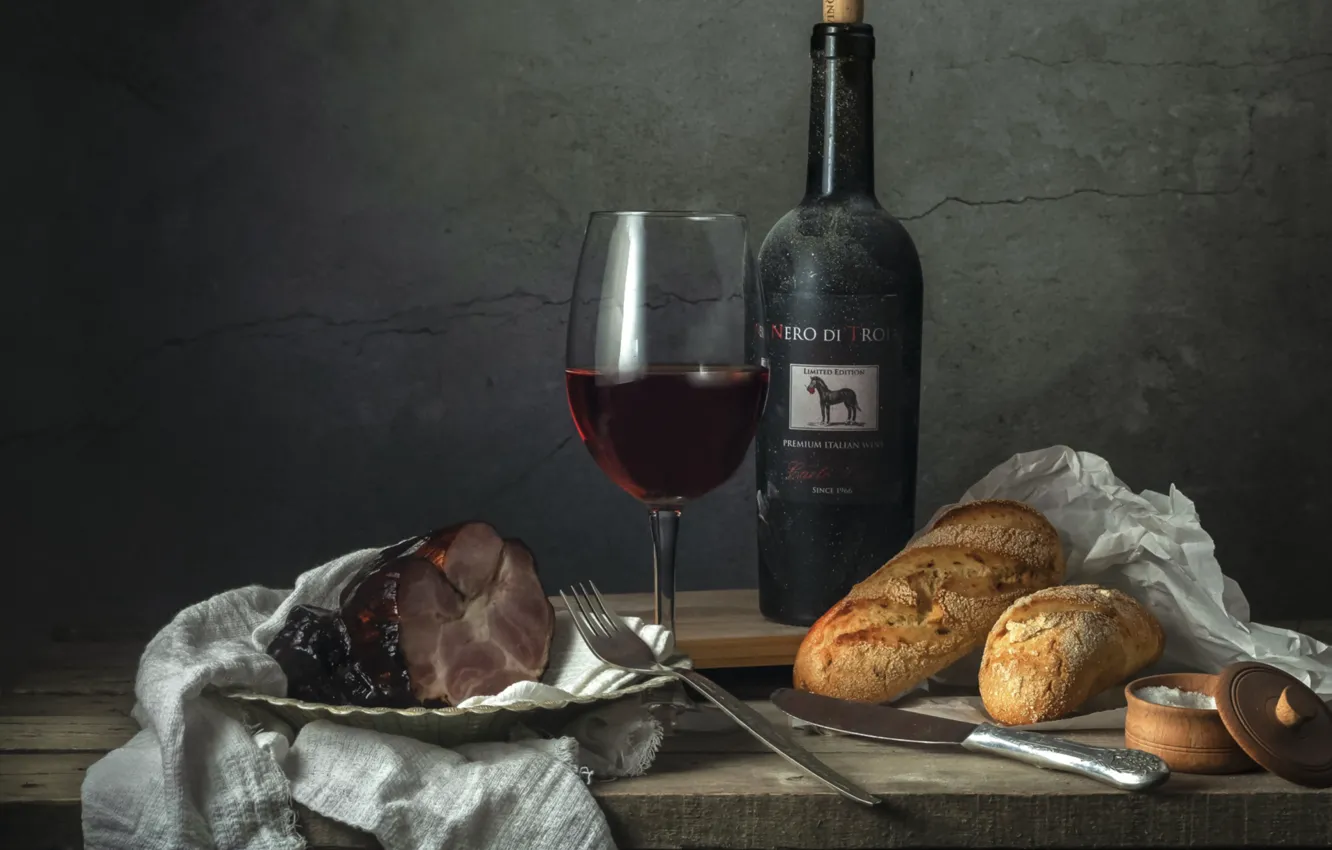 Photo wallpaper bottle, glass, wine, bread, ham