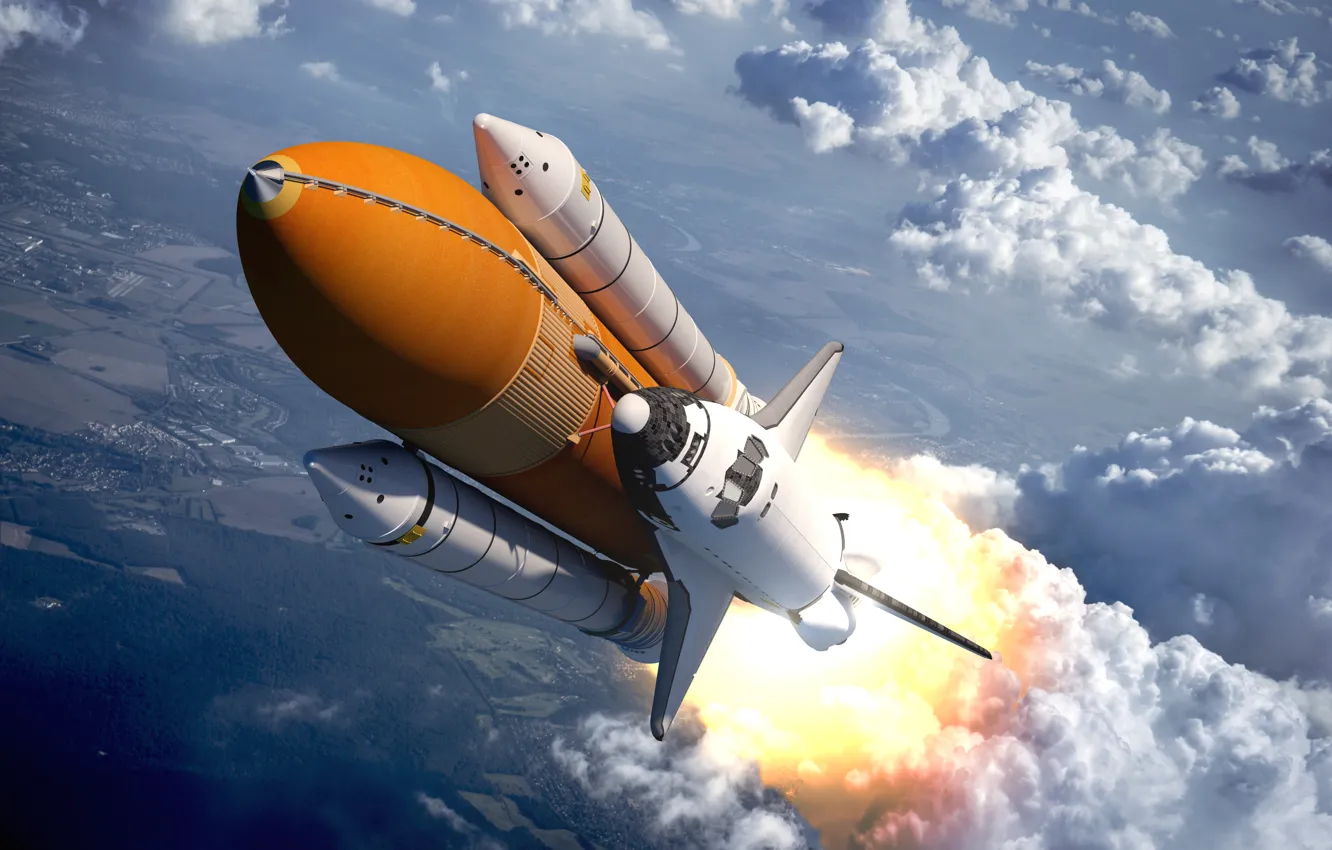 Photo wallpaper space, rocket, USA, Shuttle, a puff of smoke