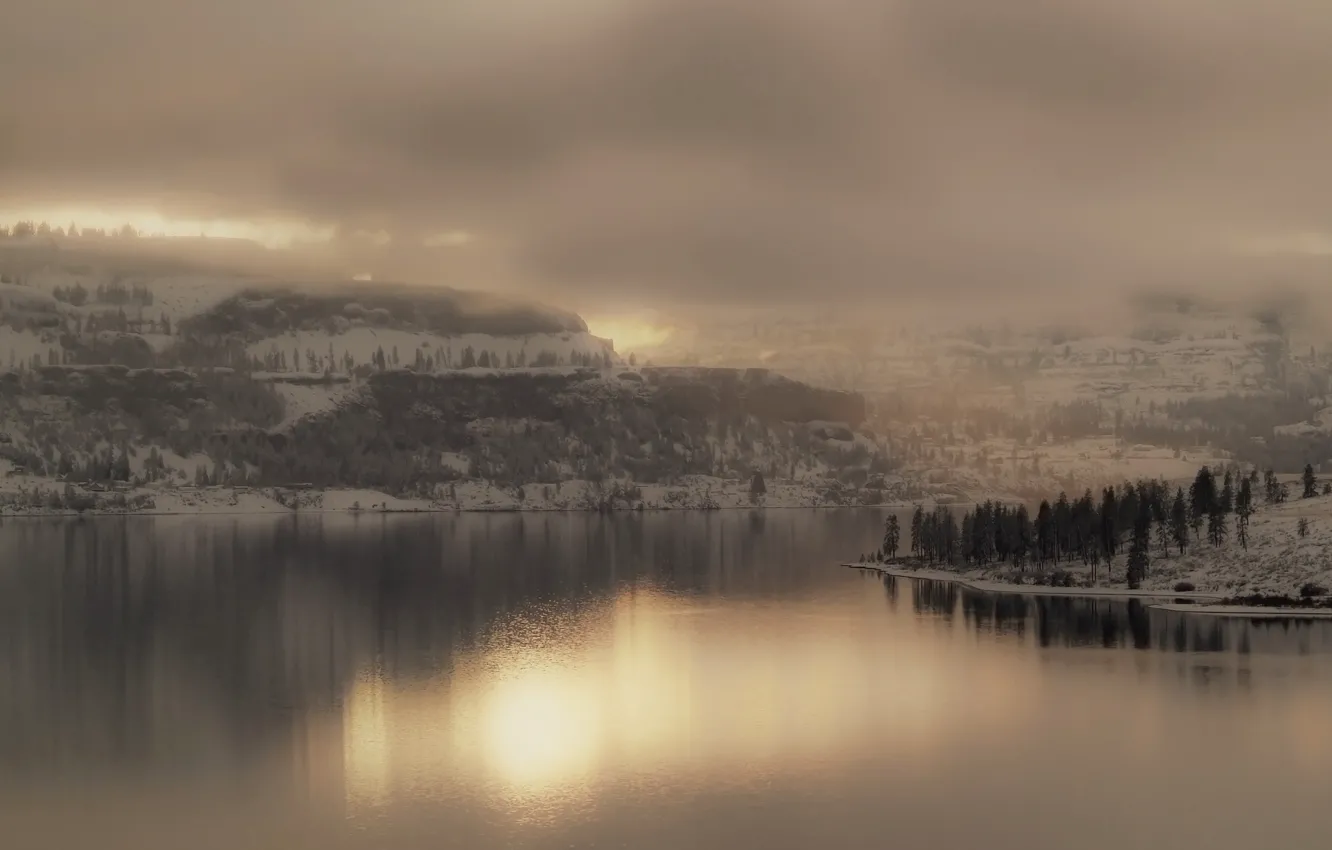 Photo wallpaper fog, lake, Landscape