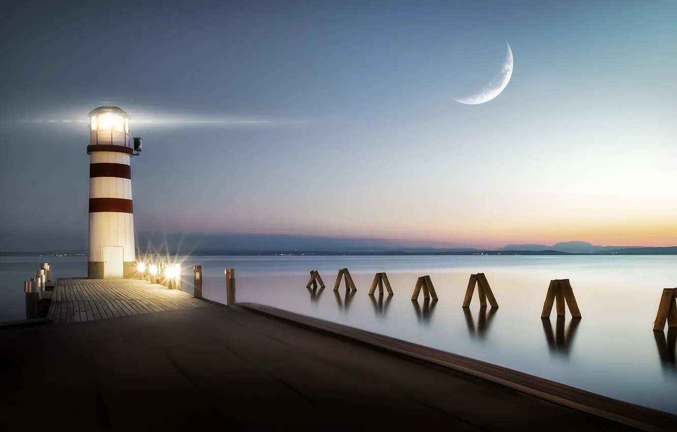 Photo wallpaper light, moon, twilight, sky, sea, landscape, sunset, water