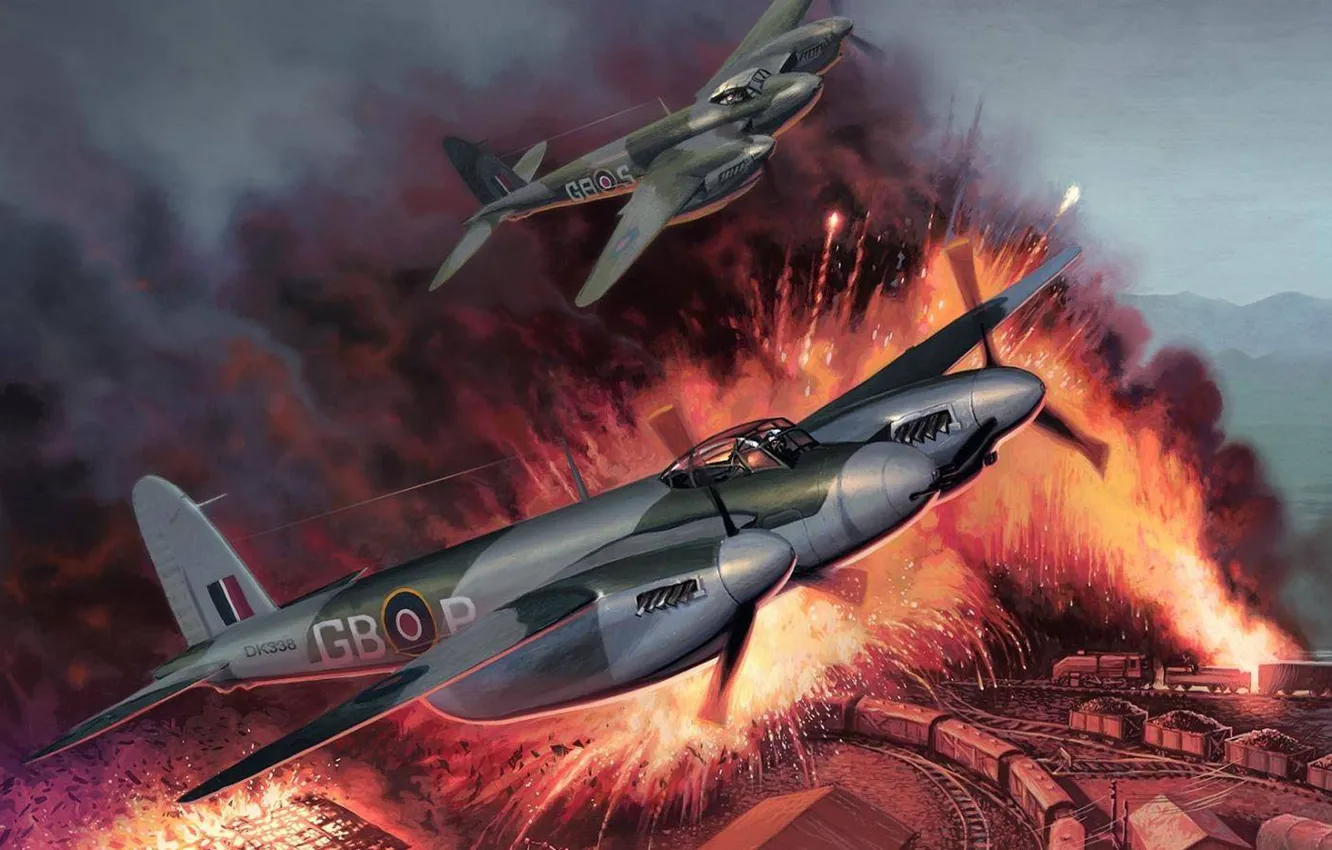 Photo wallpaper war, attack, figure, train, the plane, Attack, Mosquitos