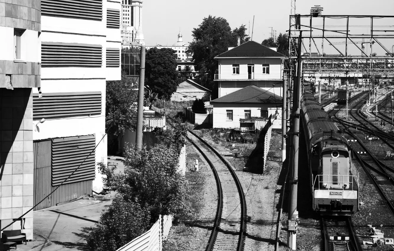 Photo wallpaper road, the way, transport, rails, train, Black and white