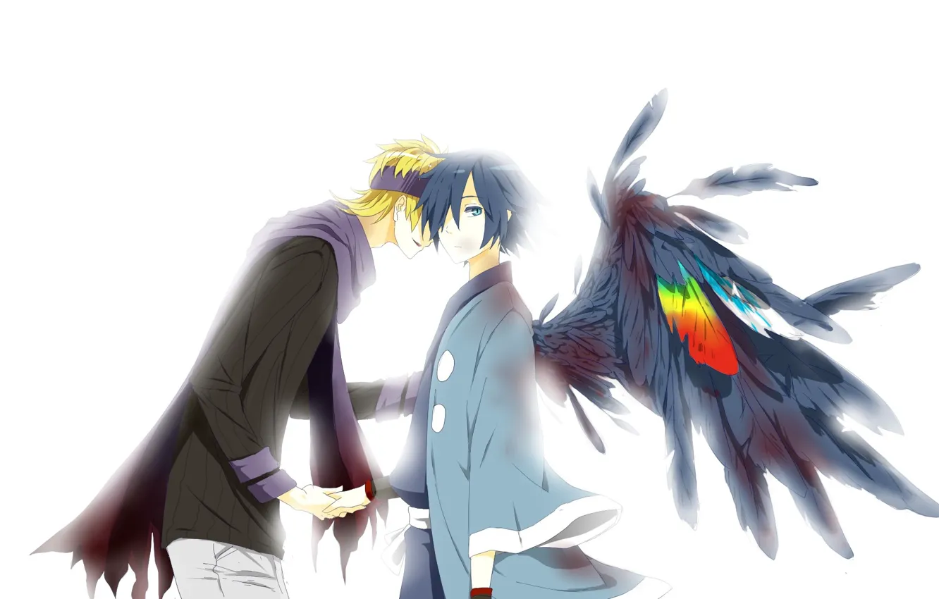 Photo wallpaper feathers, scarf, white background, Pokemon, bangs, two guys, holding hands, black wings
