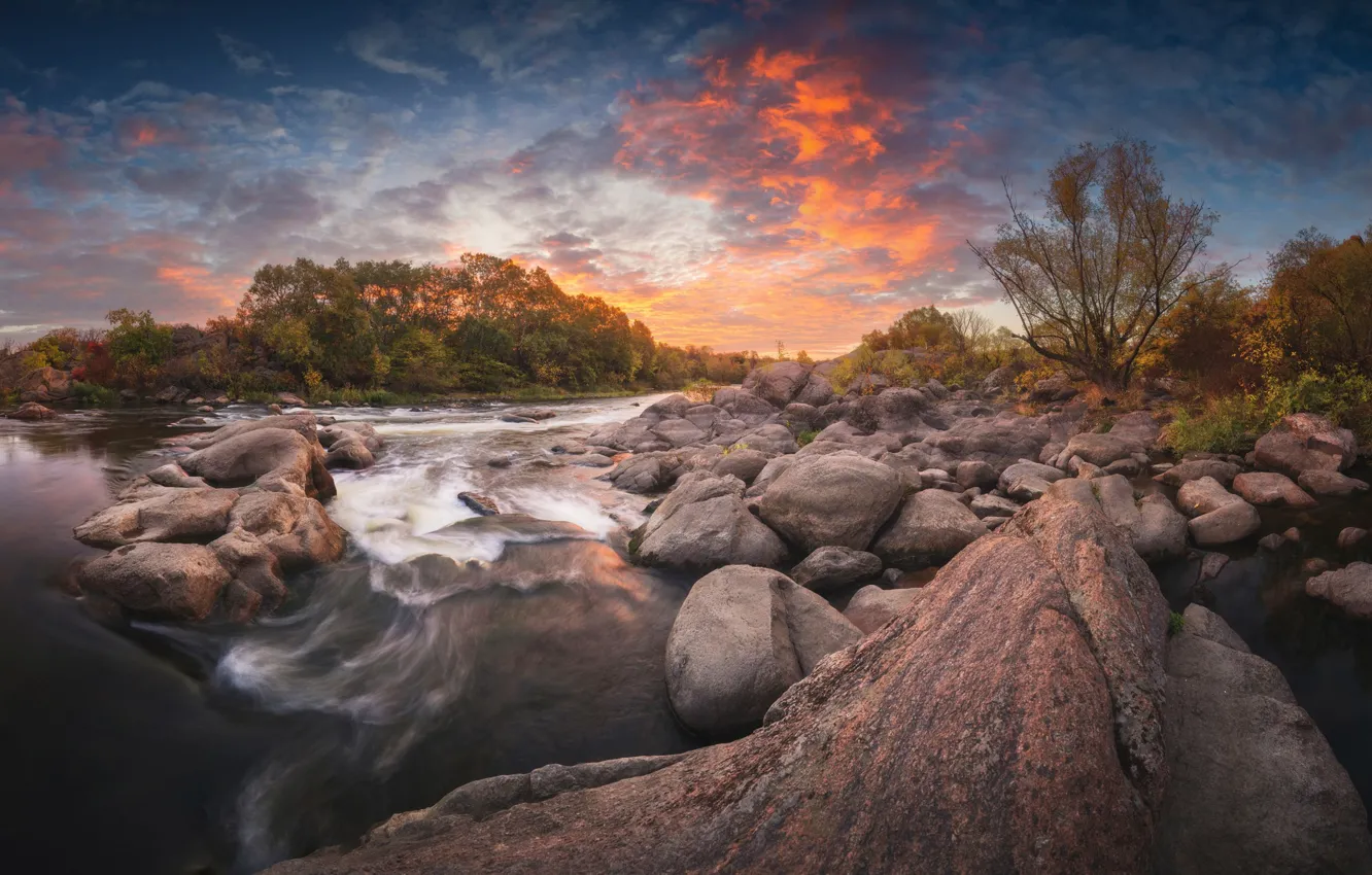 Photo wallpaper river, sky, trees, sunset, autumn, rocks, stones, stream