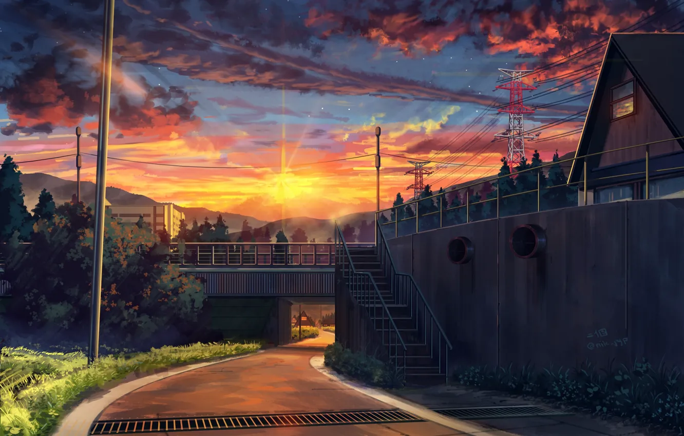 Photo wallpaper landscape, sunset, street, art
