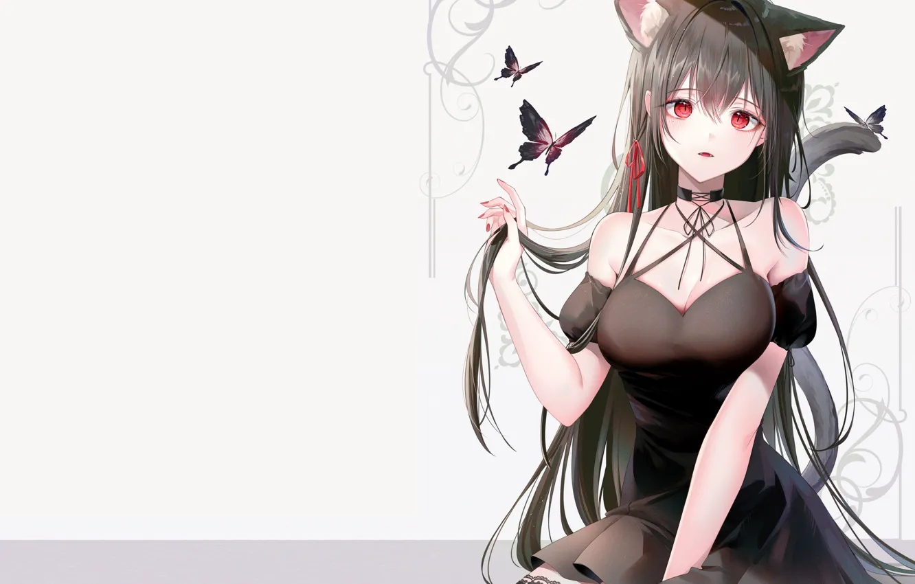 Photo wallpaper girl, sexy, cleavage, long hair, dress, boobs, animal ears, anime