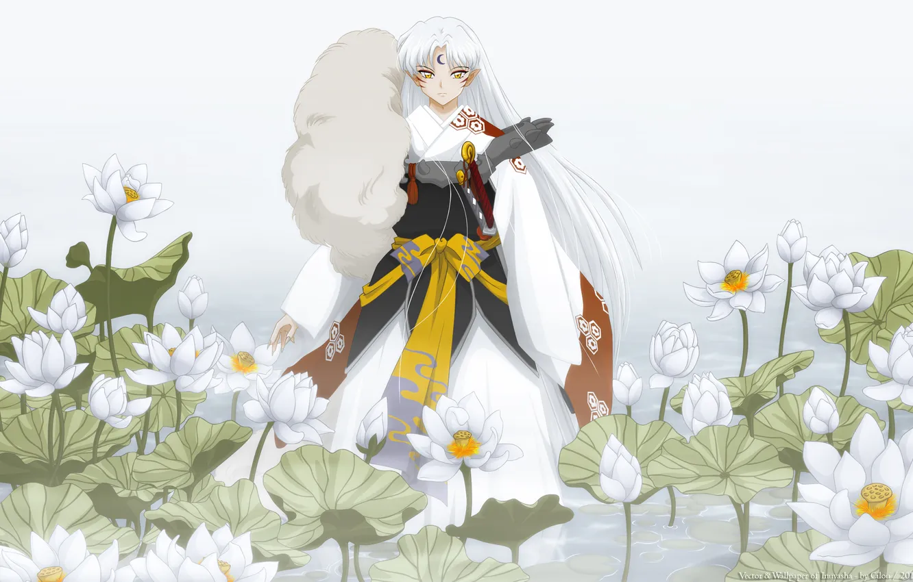 Photo wallpaper flowers, art, Lotus, guy, cilou, InuYasha, Sesshomaru