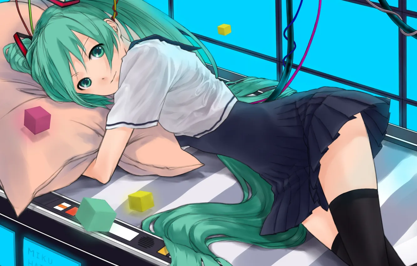 Photo wallpaper girl, cubes, pillow, art, schoolgirl, vocaloid, hatsune miku, Vocaloid