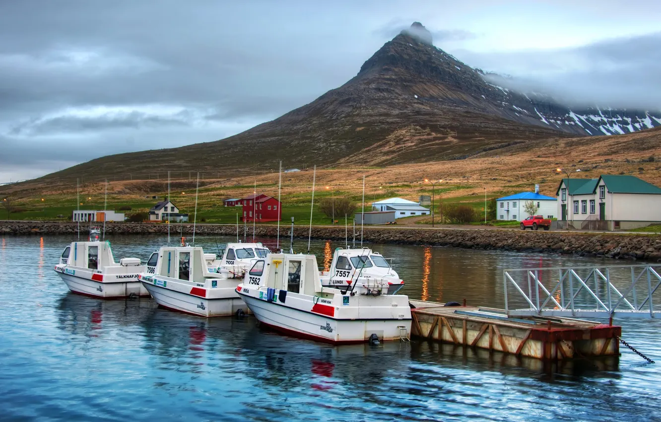Photo wallpaper sea, the sky, clouds, mountains, boat, pier, boat
