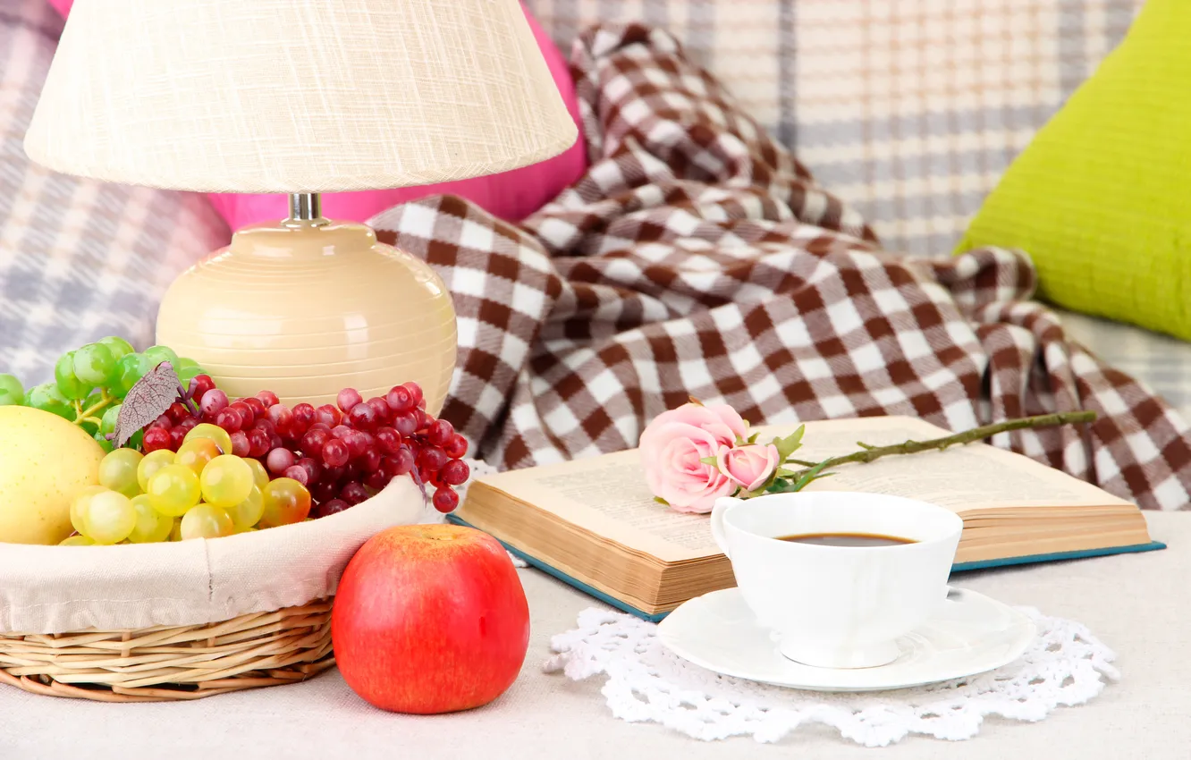 Photo wallpaper tea, rose, Apple, grapes, lamp, book