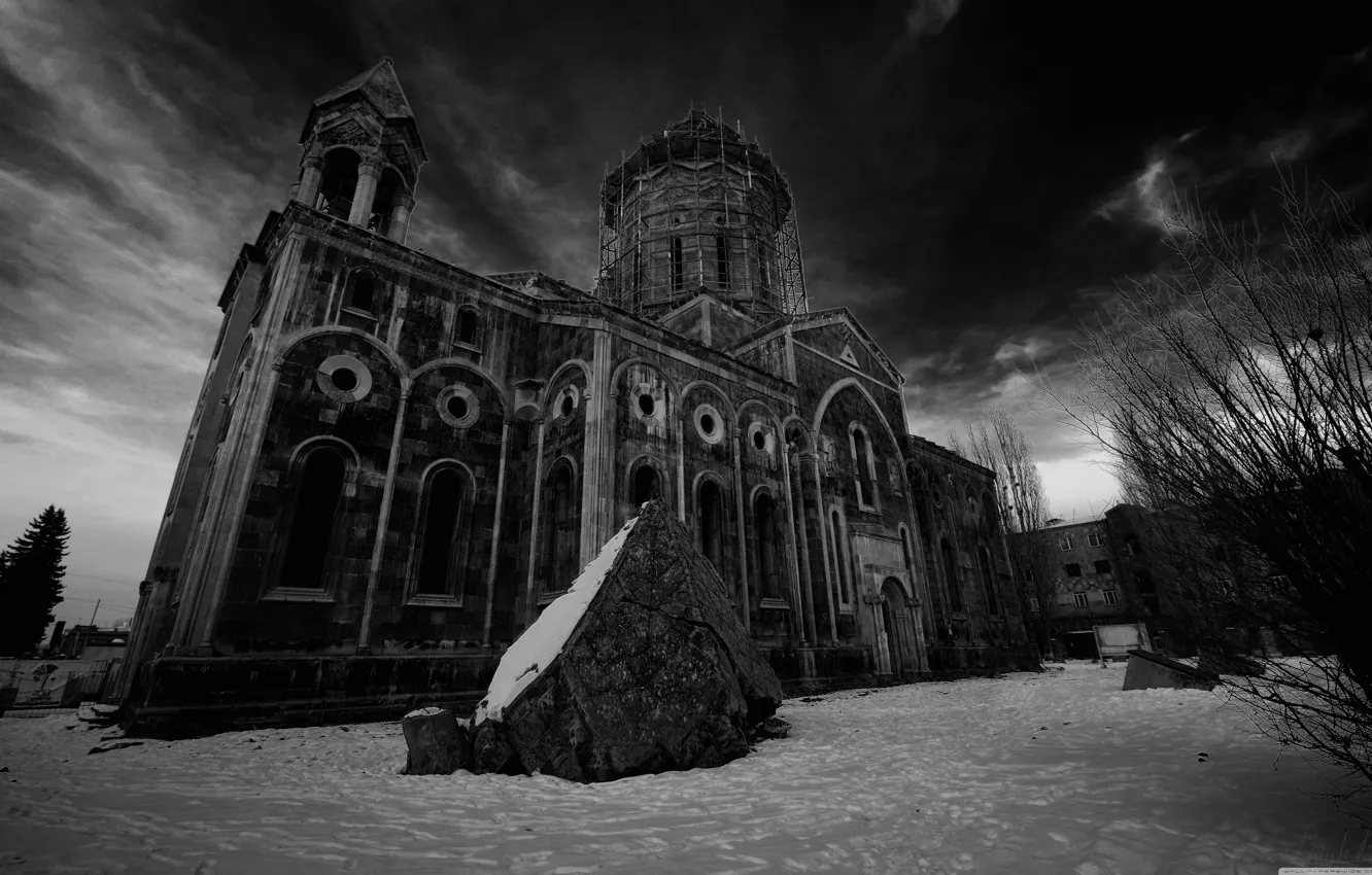 Photo wallpaper stone, black and white, Church, structure, the monastery, Armenia