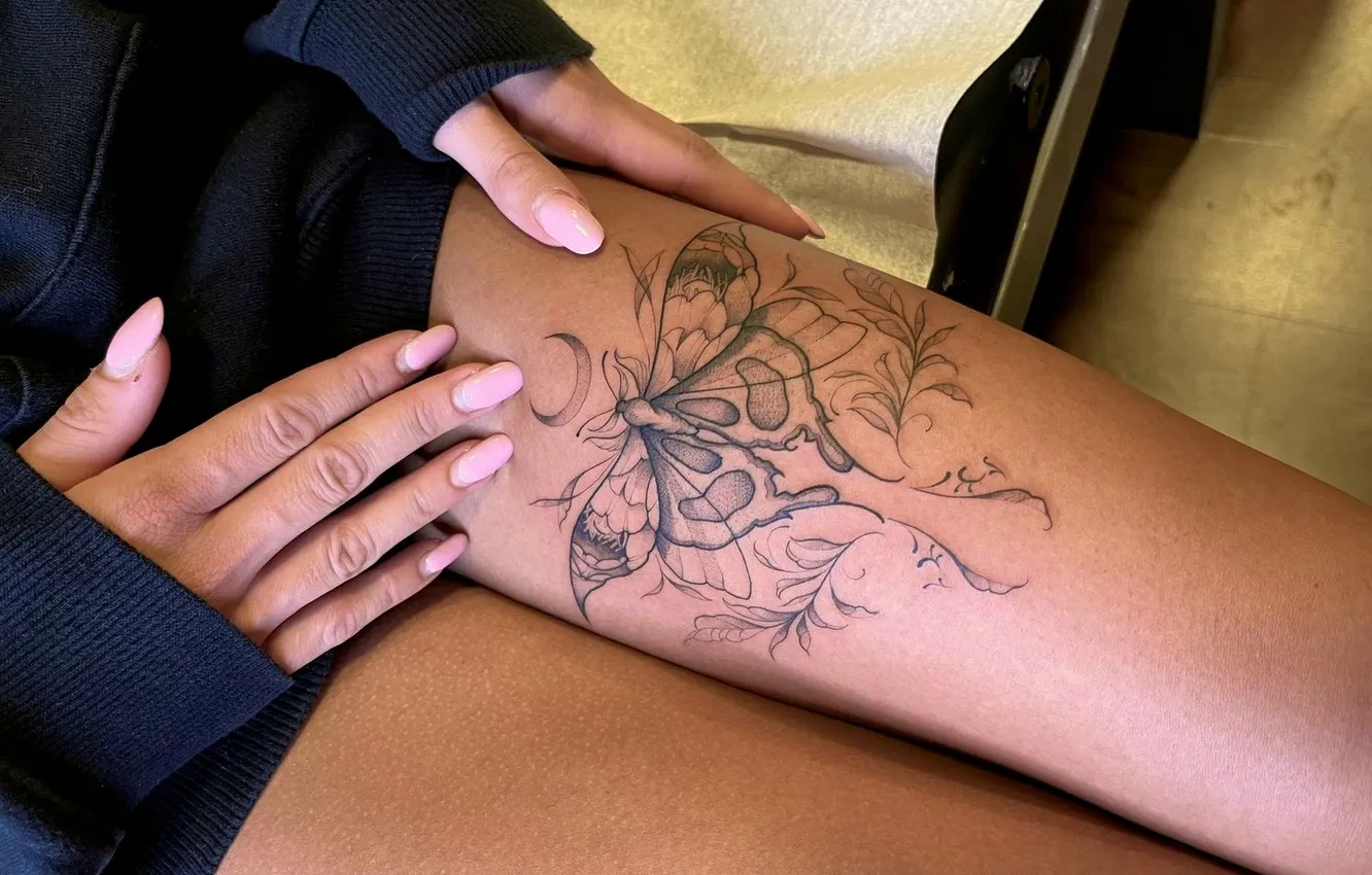 Photo wallpaper girl, hands, tattoo, manicure, slender legs, butterfly tattoo