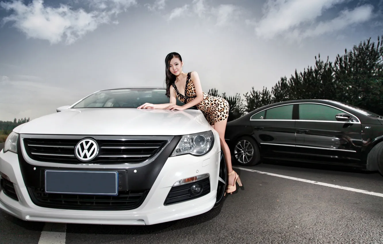 Photo wallpaper road, auto, look, girl, Volkswagen, Asian, beautiful girl