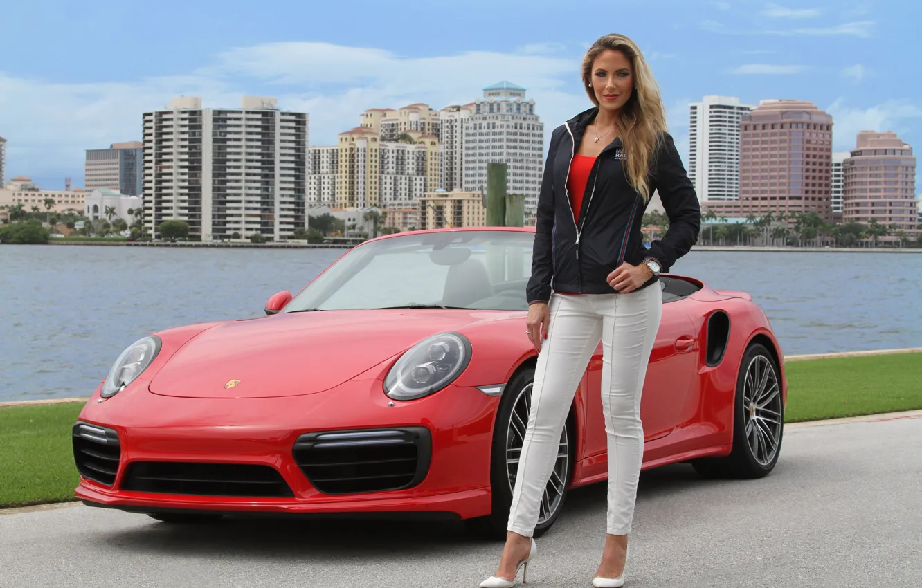 Photo wallpaper look, Girls, Porsche, beautiful girl, red car, posing on the car