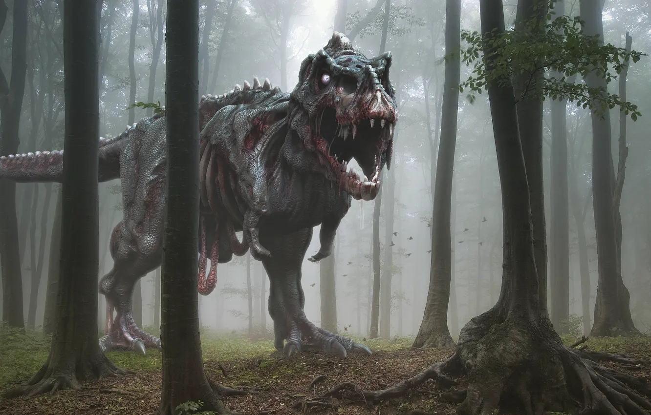 Photo wallpaper forest, trees, fear, mouth, zombies, Dinosaur