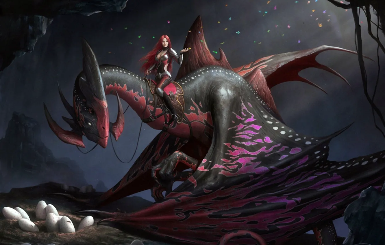 Photo wallpaper dark, girl, fantasy, Dragon, horns, wings, rider, eggs