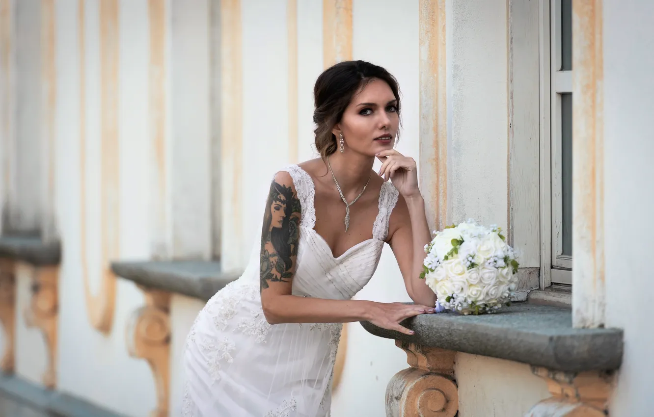 Photo wallpaper pose, bouquet, dress, the bride, Elena