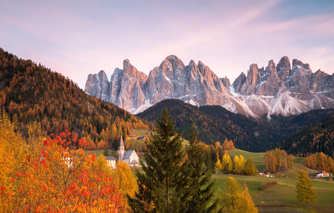 Photo wallpaper autumn, trees, mountains, Alps