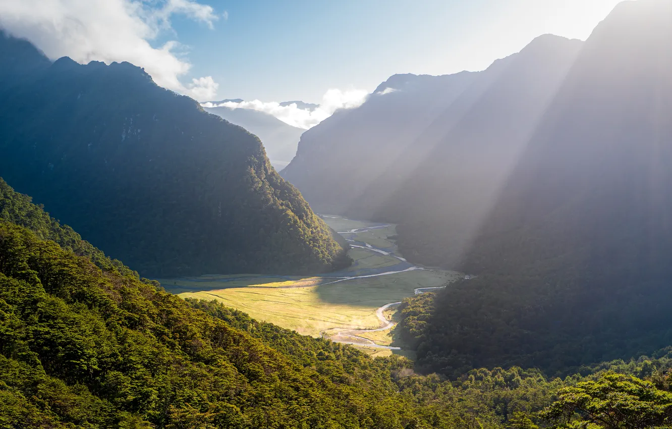 Photo wallpaper mountains, valley, rays of light