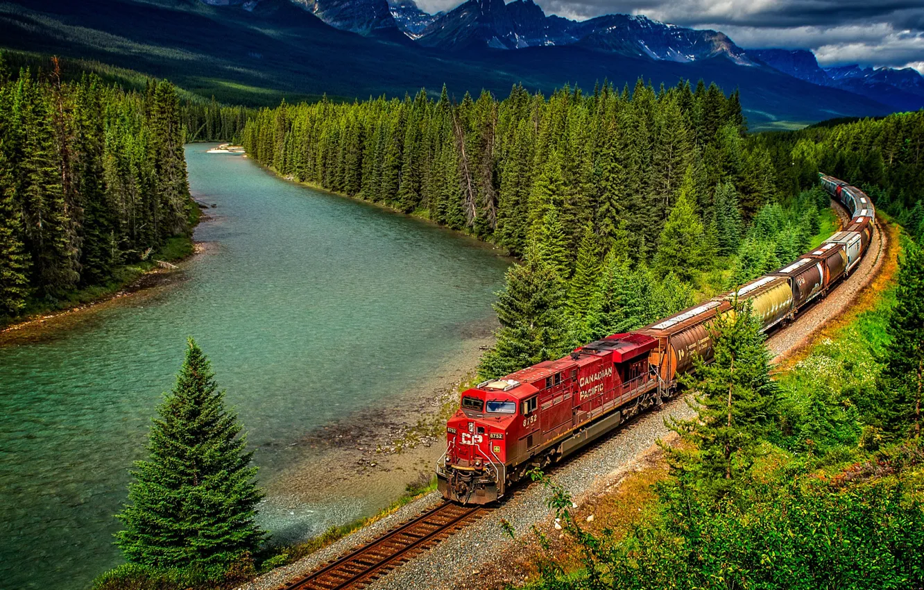Photo wallpaper forest, trees, mountains, nature, river, train, Canada, railroad