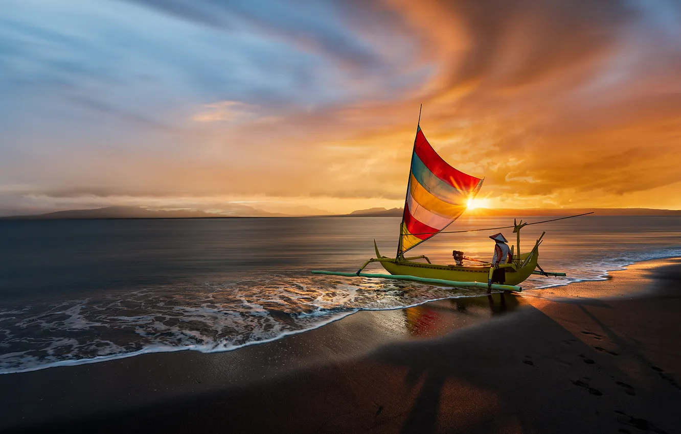 Photo wallpaper sand, sea, wave, beach, the sky, the sun, clouds, sunset