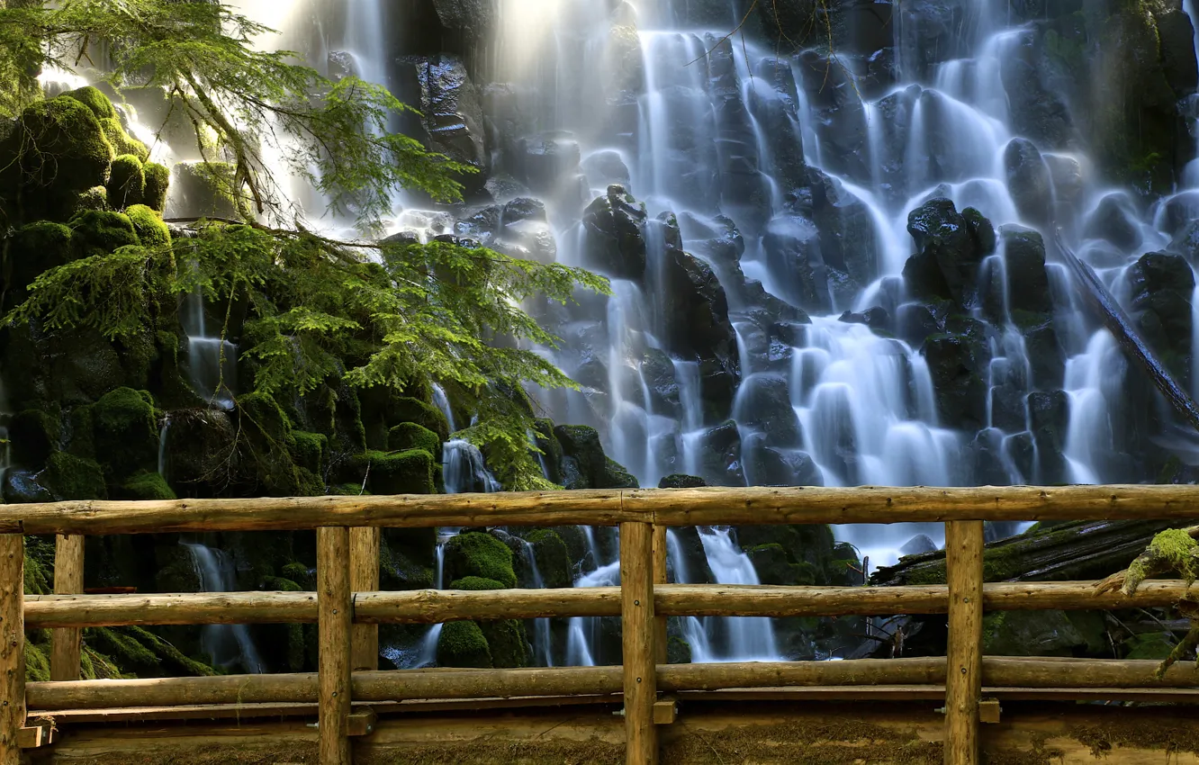 Photo wallpaper bridge, nature, Park, stones, waterfall