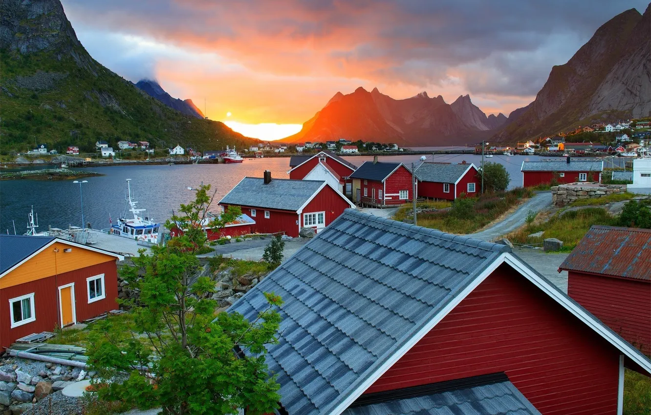 Photo wallpaper sunset, nature, lake, home, Norway