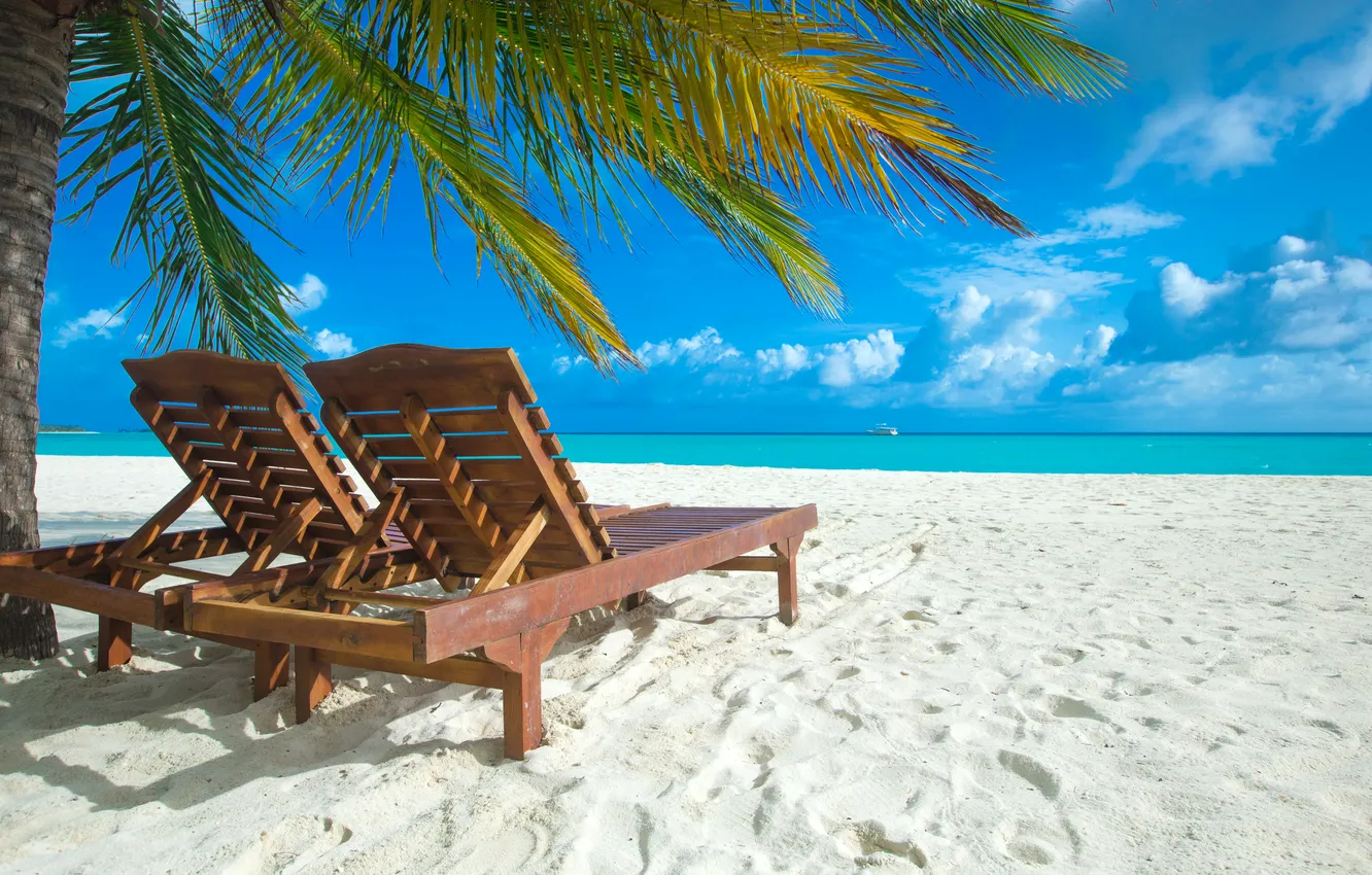 Photo wallpaper sand, sea, wave, beach, summer, the sky, palm trees, shore