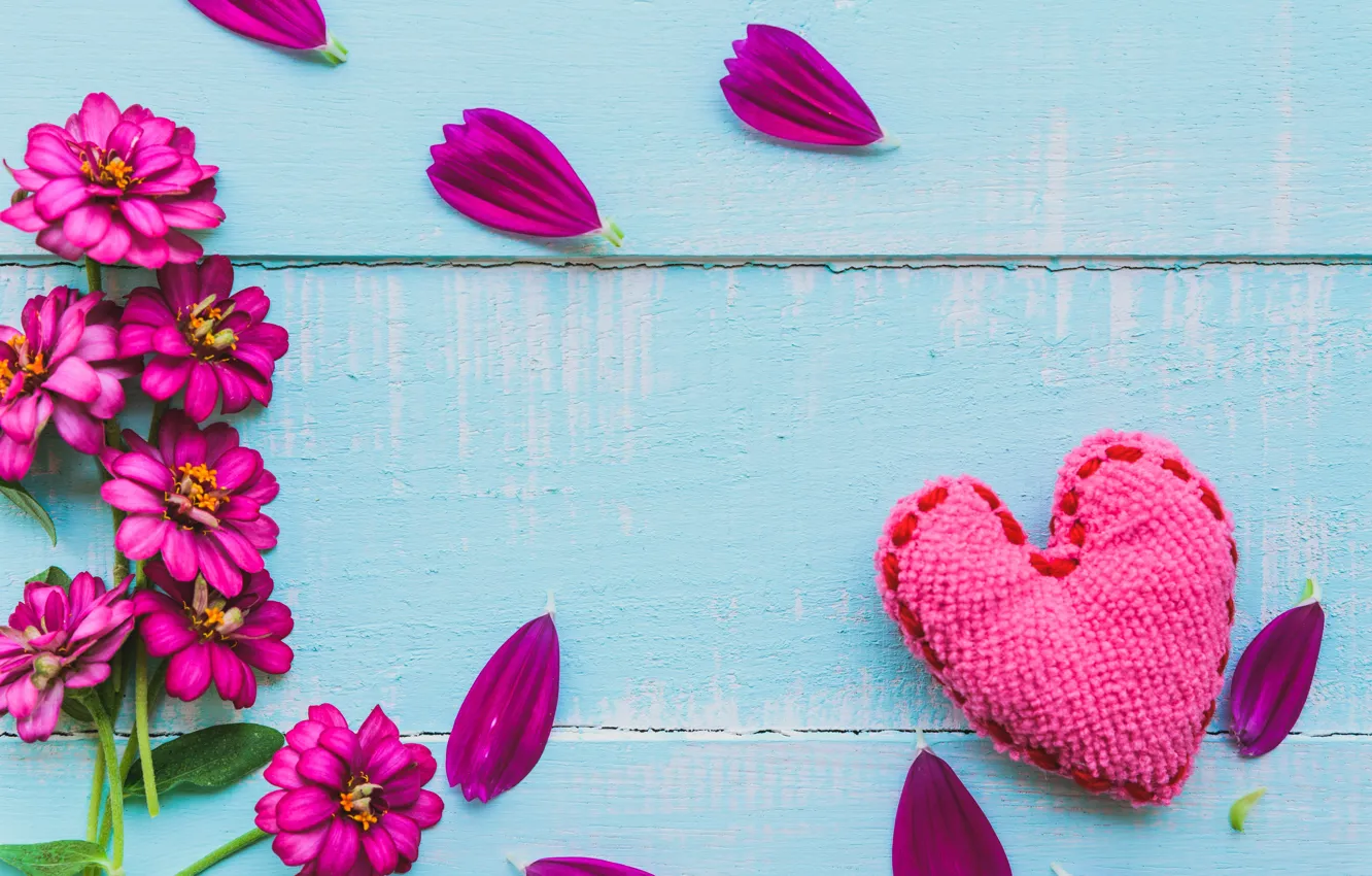 Photo wallpaper flowers, heart, love, heart, wood, pink, flowers, romantic
