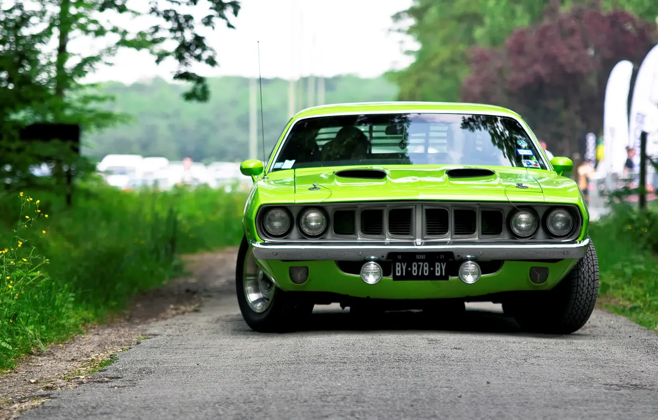Photo wallpaper green, 1971, green, muscle car, front view, muscle car, Barracuda, Plymouth