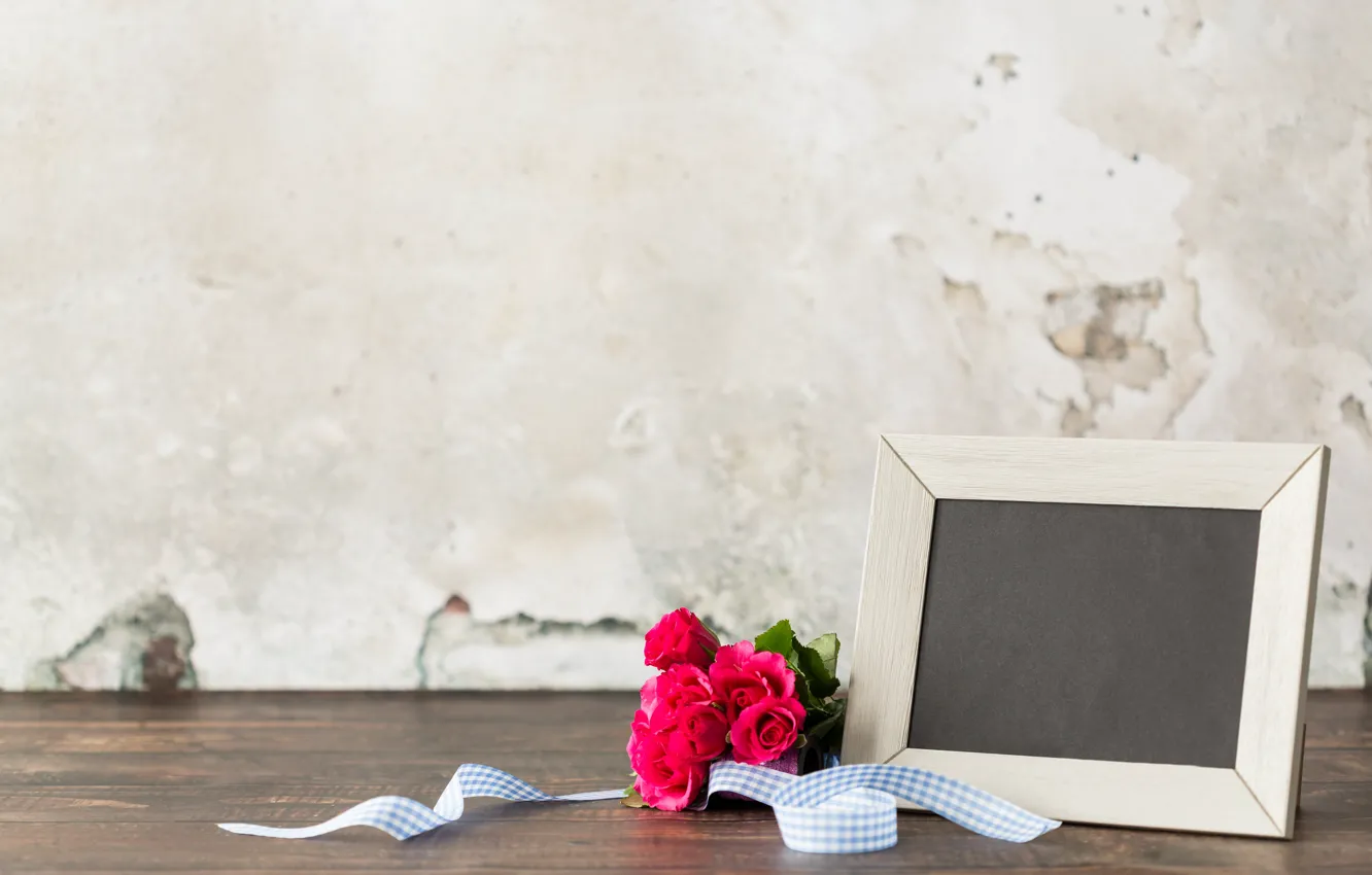 Photo wallpaper roses, bouquet, frame, wood, pink, flowers, roses, pink roses