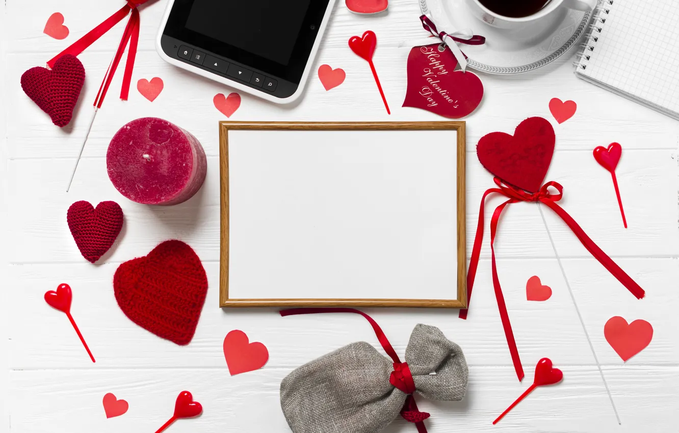 Photo wallpaper red, paper, coffee, hearts, white background, phone